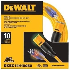 DEWALT 50 Foot Extension Cord Lighted Click-to-Lock 10/3 SJTW – Heavy Duty Outdoor, Waterproof, Weatherproof, Heat & Corrosion Resistant Industrial Strength Light Up Three Prong Outlet Plug Power Cord(50 ft)