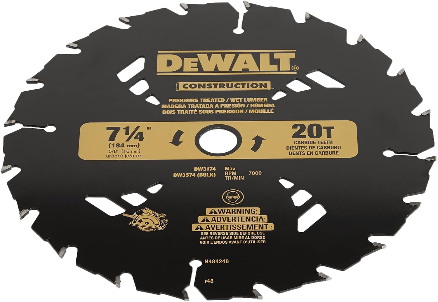 image:imageDEWALT 714 Circular Saw Blade for Pressure Treated and Wet Lumber ATB Thin Kerf 58 and Arbor 20Tooth DW3174 Black