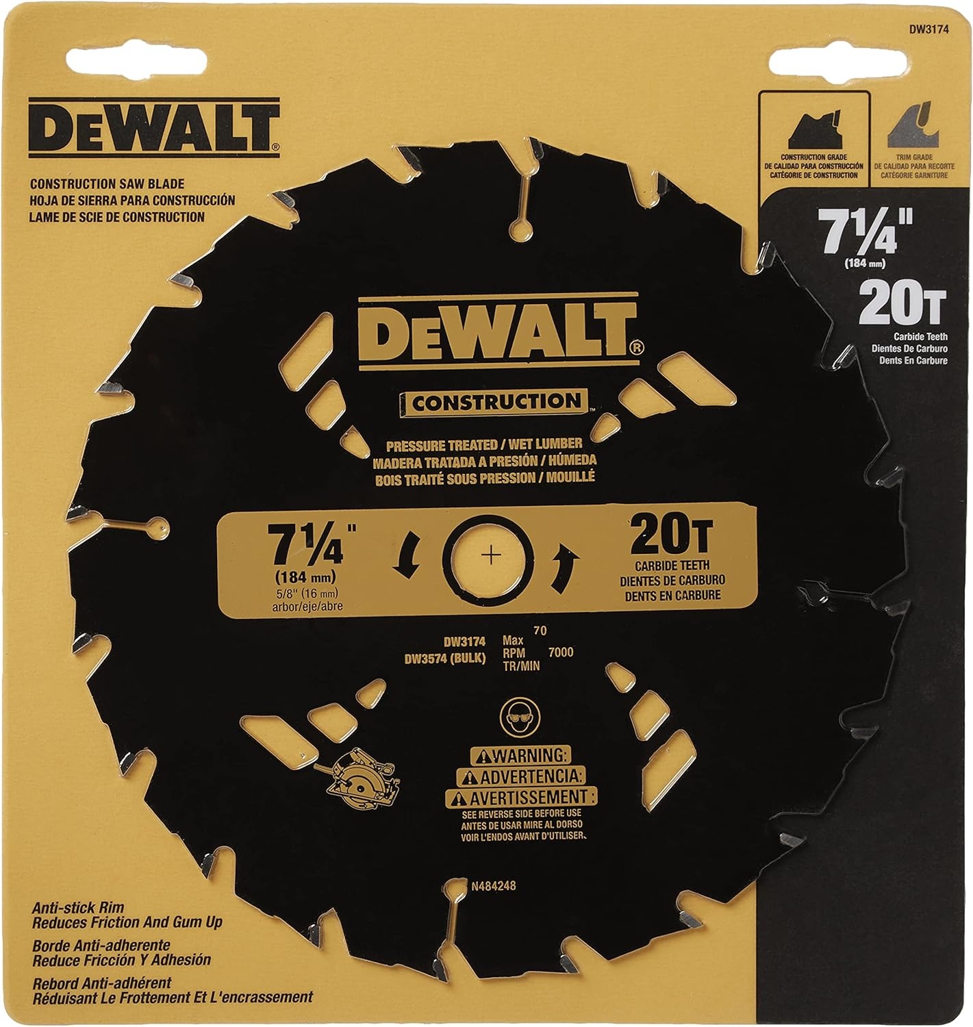 image:imageDEWALT 714 Circular Saw Blade for Pressure Treated and Wet Lumber ATB Thin Kerf 58 and Arbor 20Tooth DW3174 Black