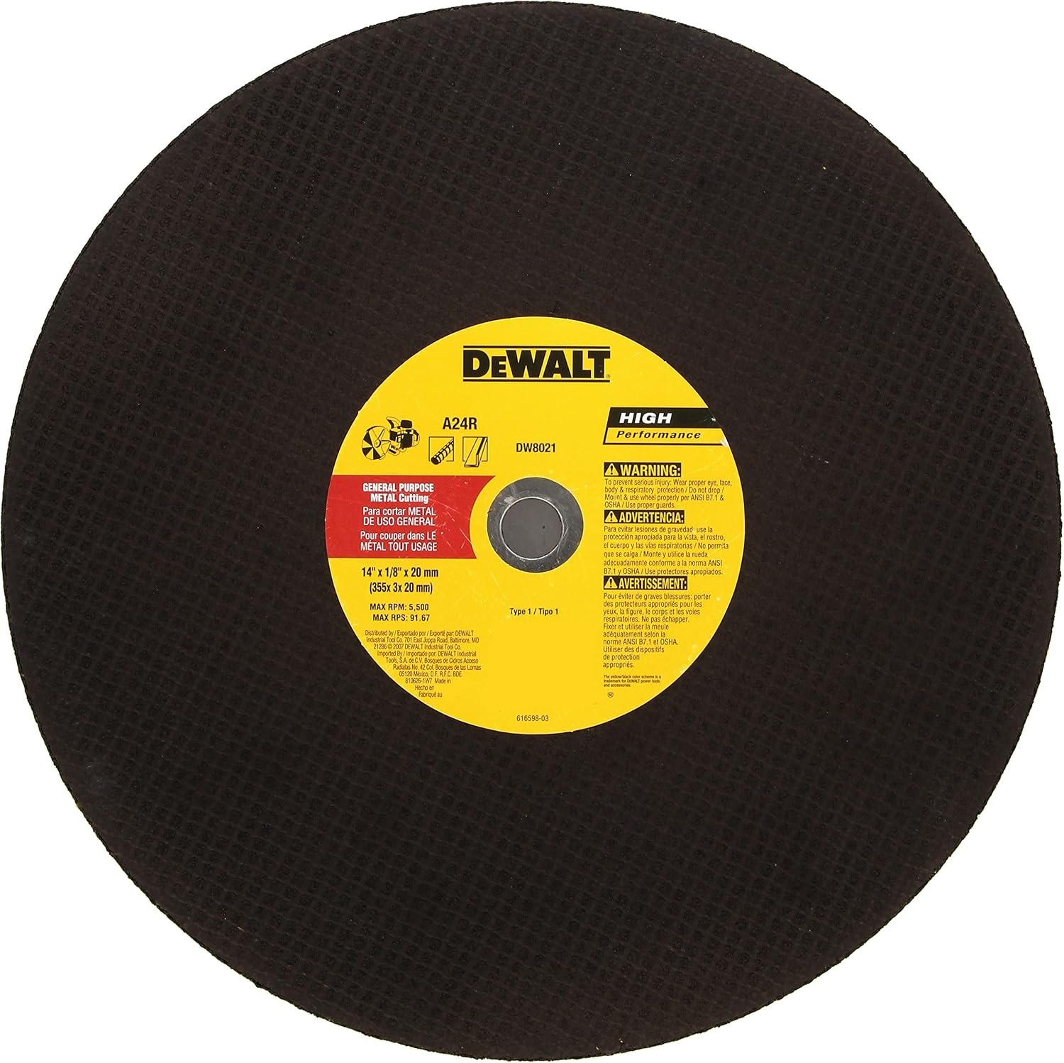 image:imageDEWALT DW8023 12Inch x 18Inch x 20mm A24N Abrasive Metal Cutting WheelOne Size