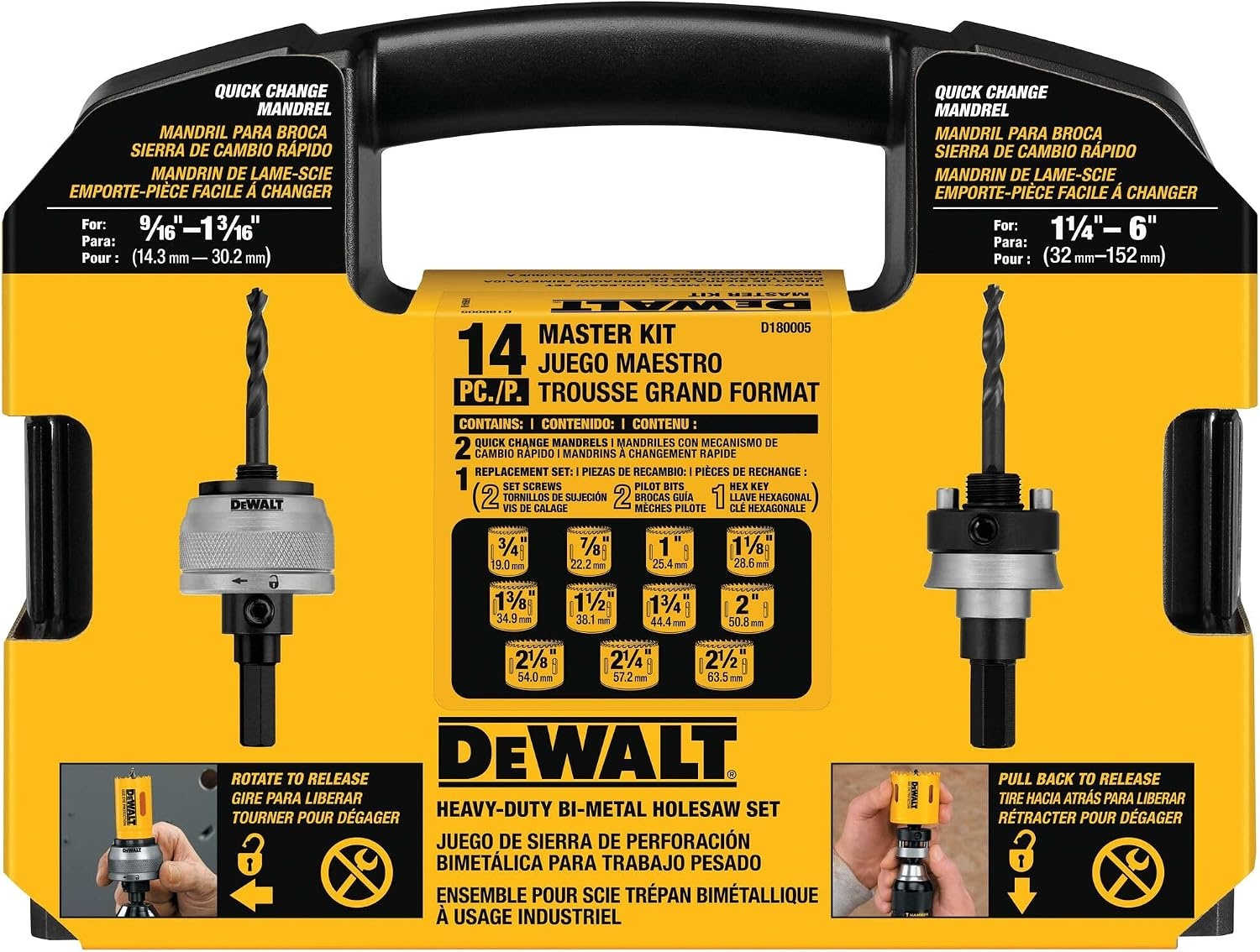 image:imageDEWALT Hole Saw Kit 14Piece Includes 2 Quick Change Mandrels and Pilot Point Bits D180005One Size