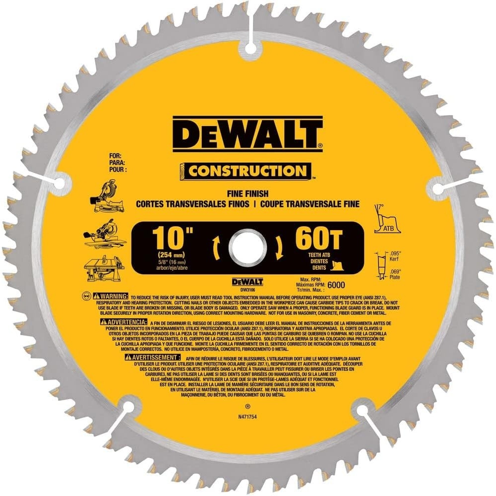 image:imageDEWALT 10Inch Miter Table Saw Blade ATB Thin Kerf Crosscutting 58Inch Arbor 60Tooth DW310660Tooth