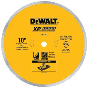 DEWALT Diamond Blade for Porcelain or Tile, Wet Cutting, Continuous Rim, 5/8-Inch Arbor, 10-Inch (DW4762)(One Size)