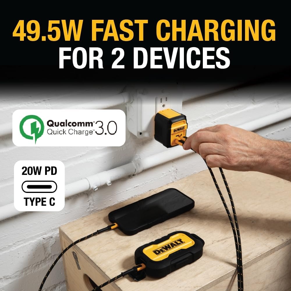 image:imageDEWALT Heavy Duty 495W Dual USB amp USB C Charger Block Cable Not Included USBC Power Adapter 2 Port Compact Foldable Fast Wall Charger for iPhone 17161514 Galaxy Pixel 43 iPad Black amp YellowBlack