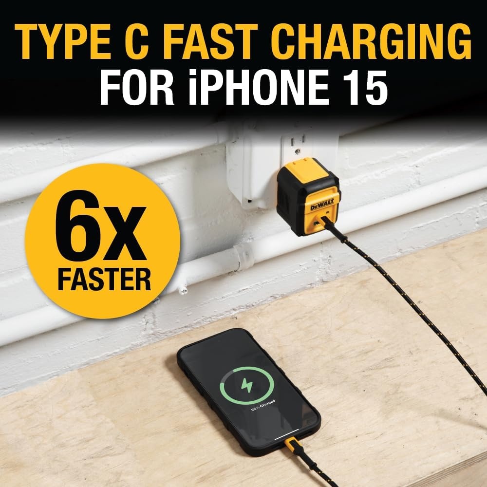 image:imageDEWALT Heavy Duty 495W Dual USB amp USB C Charger Block Cable Not Included USBC Power Adapter 2 Port Compact Foldable Fast Wall Charger for iPhone 17161514 Galaxy Pixel 43 iPad Black amp YellowBlack