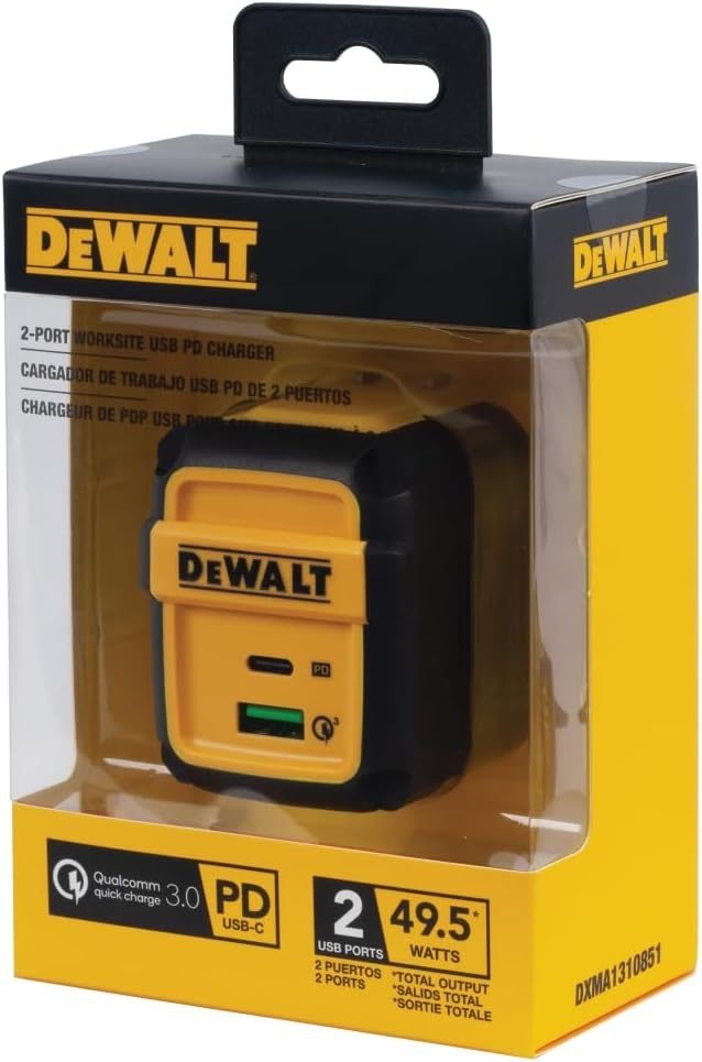 image:imageDEWALT Heavy Duty 495W Dual USB amp USB C Charger Block Cable Not Included USBC Power Adapter 2 Port Compact Foldable Fast Wall Charger for iPhone 17161514 Galaxy Pixel 43 iPad Black amp YellowBlack