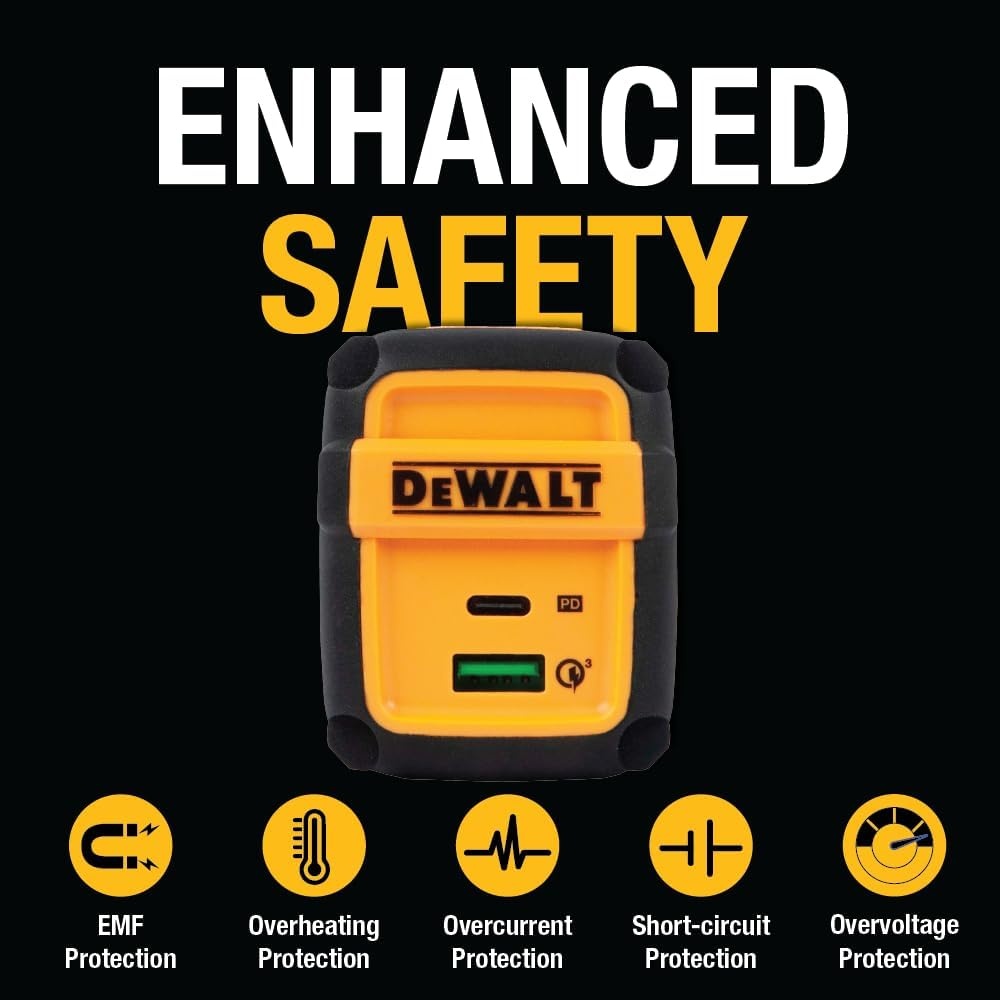 image:imageDEWALT Heavy Duty 495W Dual USB amp USB C Charger Block Cable Not Included USBC Power Adapter 2 Port Compact Foldable Fast Wall Charger for iPhone 17161514 Galaxy Pixel 43 iPad Black amp YellowBlack