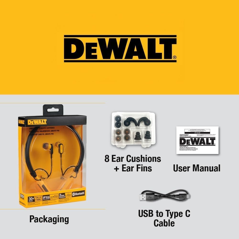 image:imageDEWALT Heavy Duty Bluetooth Neckband Headphones Wireless Around The Neck Earbuds w 30H Runtime Noise Isolation Secure Magnetic Wireless Earbuds Jobsite Pro Builtin Mic Bluetooth HeadsetsYellow