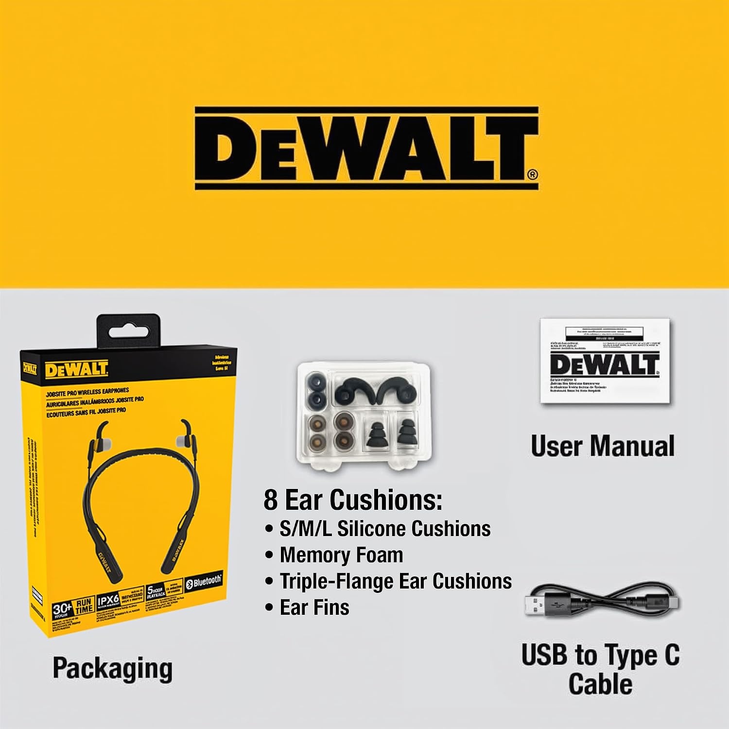 image:imageDEWALT Heavy Duty Bluetooth Neckband Headphones Wireless Around The Neck Earbuds w 30H Runtime Noise Isolation Secure Magnetic Wireless Earbuds Jobsite Pro Builtin Mic Bluetooth HeadsetsBlack