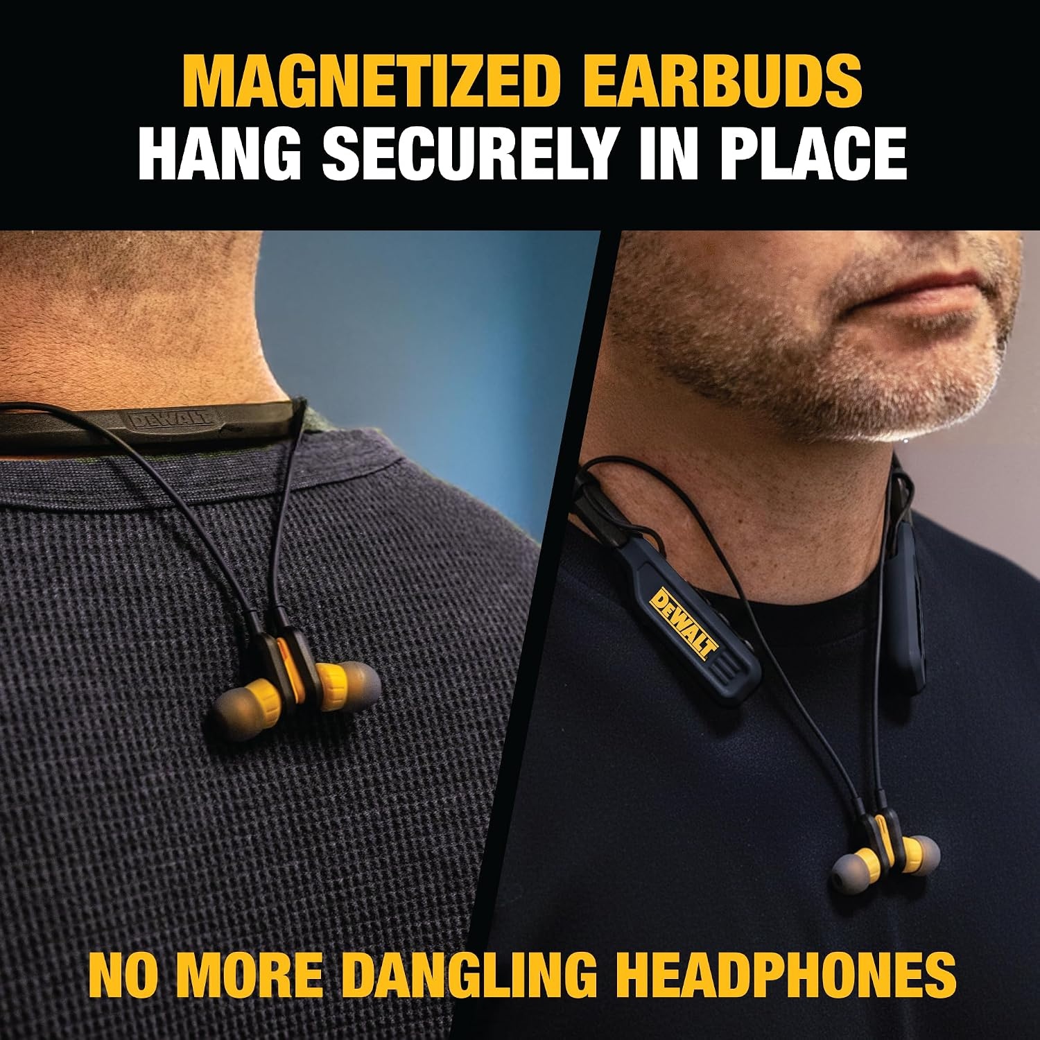 image:imageDEWALT Heavy Duty Bluetooth Neckband Headphones Wireless Around The Neck Earbuds w 30H Runtime Noise Isolation Secure Magnetic Wireless Earbuds Jobsite Pro Builtin Mic Bluetooth HeadsetsBlack
