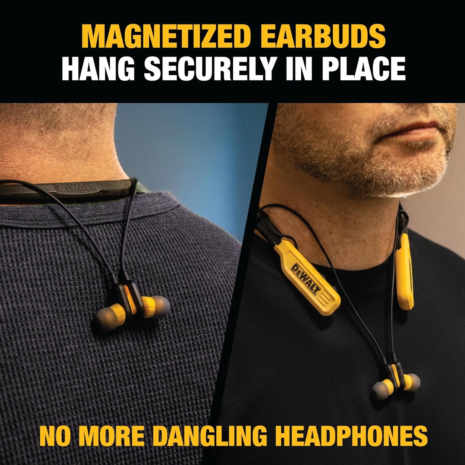 image:imageDEWALT Heavy Duty Bluetooth Neckband Headphones Wireless Around The Neck Earbuds w 30H Runtime Noise Isolation Secure Magnetic Wireless Earbuds Jobsite Pro Builtin Mic Bluetooth HeadsetsYellow