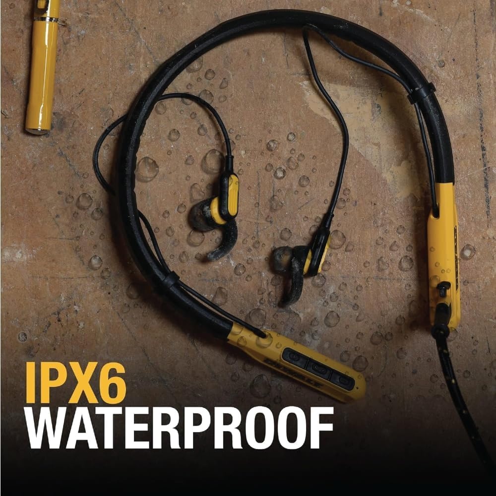 image:imageDEWALT Heavy Duty Bluetooth Neckband Headphones Wireless Around The Neck Earbuds w 30H Runtime Noise Isolation Secure Magnetic Wireless Earbuds Jobsite Pro Builtin Mic Bluetooth HeadsetsYellow