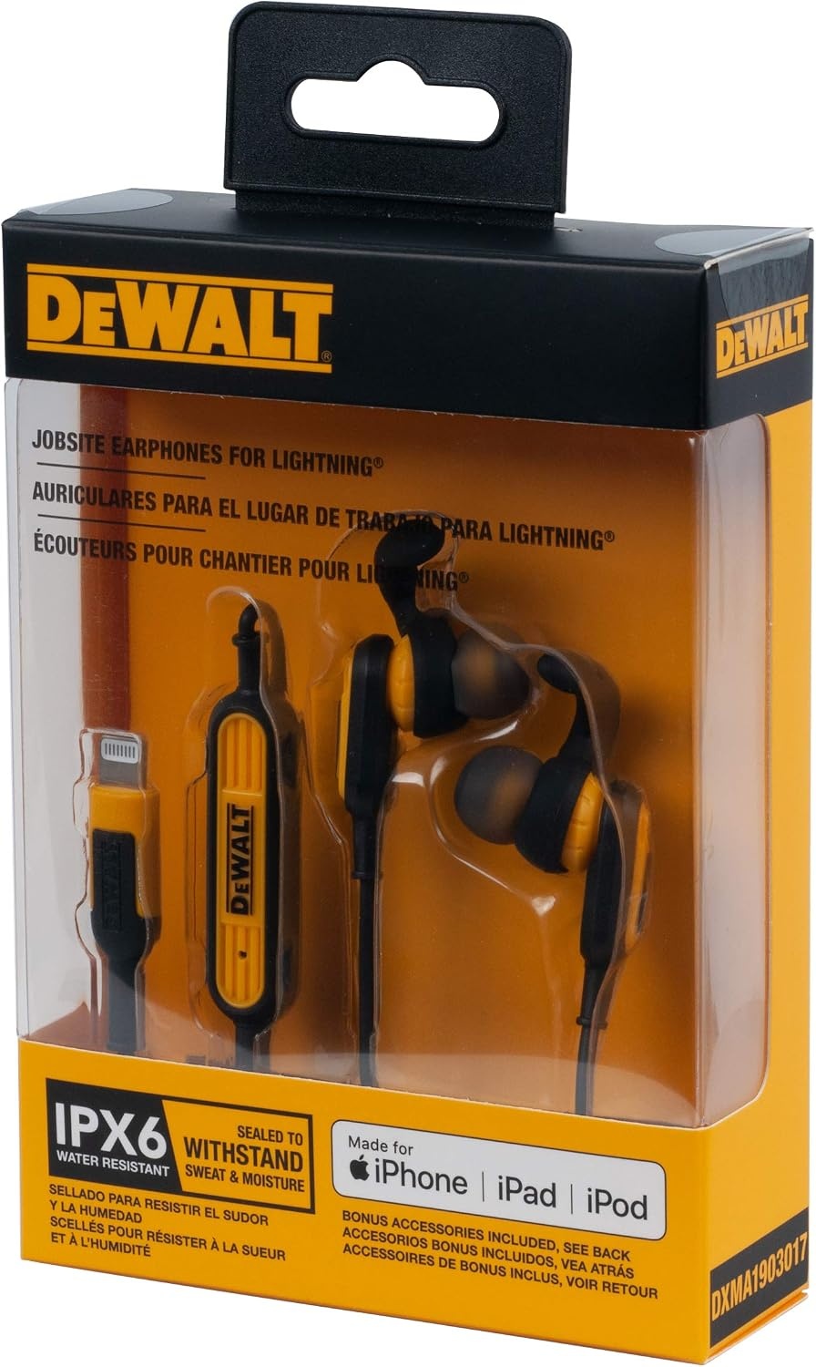 image:imageDEWALT Heavy Duty Earphones for Lightning Compatible wApple iPhone Headphones Wired Jobsite WaterResistant for iPhone Headphones Wired Lightning Corded Earphones for iPhones 14 and Older