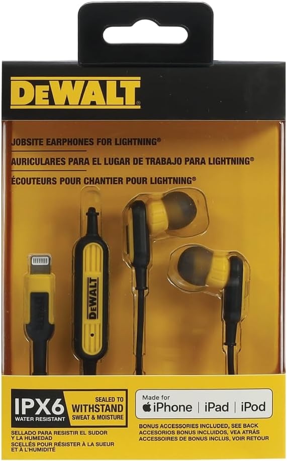 image:imageDEWALT Heavy Duty Earphones for Lightning Compatible wApple iPhone Headphones Wired Jobsite WaterResistant for iPhone Headphones Wired Lightning Corded Earphones for iPhones 14 and Older