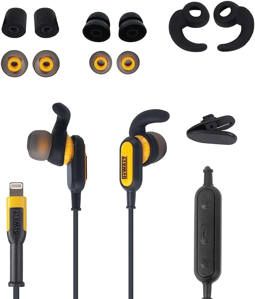 image:imageDEWALT Heavy Duty Earphones for Lightning Compatible wApple iPhone Headphones Wired Jobsite WaterResistant for iPhone Headphones Wired Lightning Corded Earphones for iPhones 14 and Older