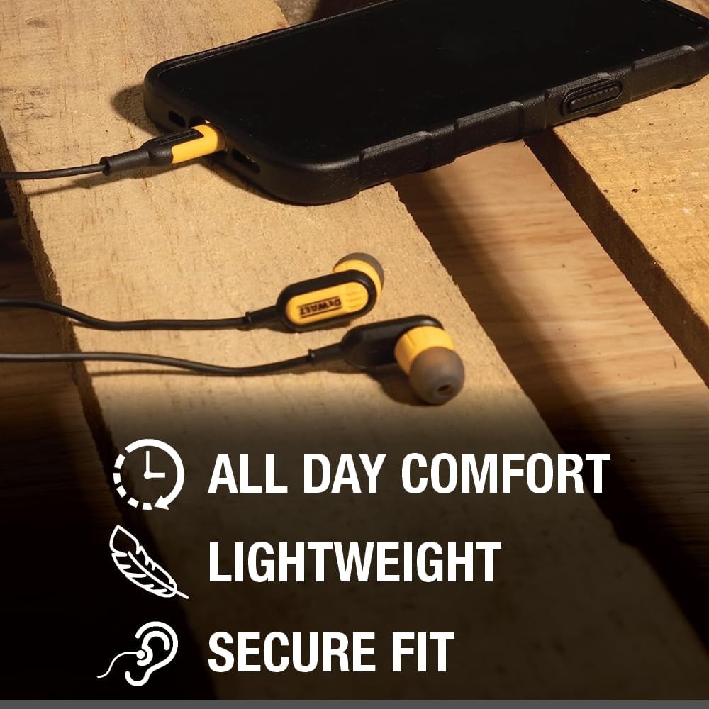 image:imageDEWALT Heavy Duty Earphones for Lightning Compatible wApple iPhone Headphones Wired Jobsite WaterResistant for iPhone Headphones Wired Lightning Corded Earphones for iPhones 14 and Older