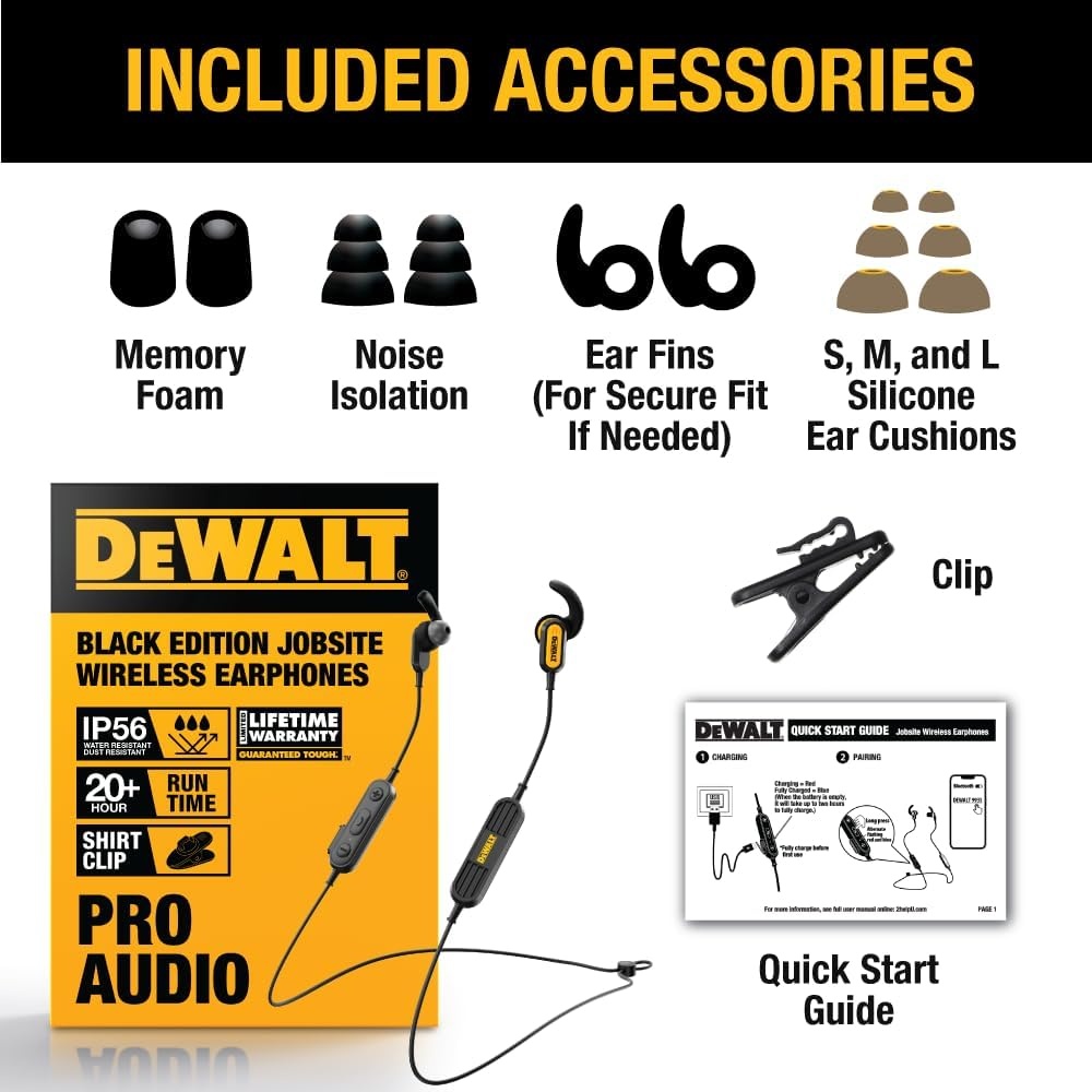 image:imageDEWALT Heavy Duty Neckband Bluetooth Earbuds Wireless Bluetooth 52 Headphones wMicrophone Lightweight Comfort IP56 Waterproof Deep Bass Strong Beat 20H Playtime Jobsite BehindNeck EarphonesBlack