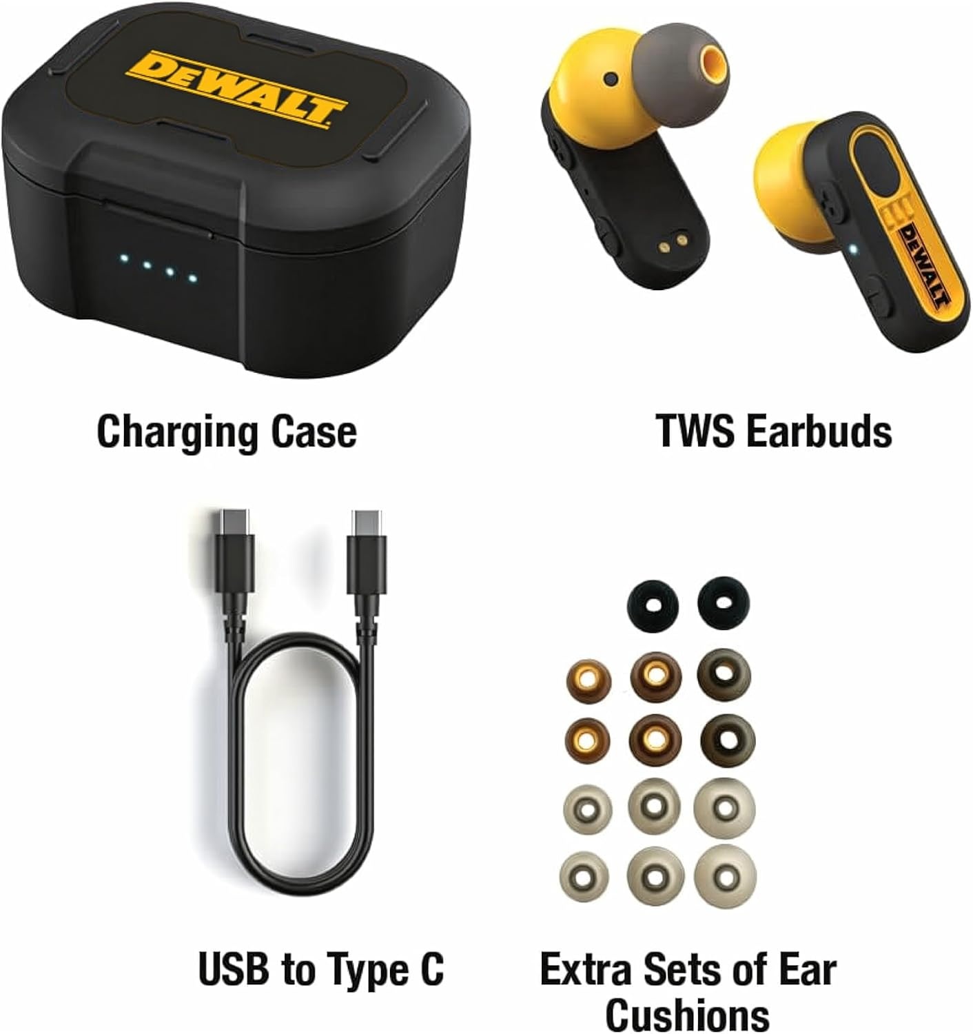 image:imageDEWALT Heavy Duty True Wireless Ear Buds Bluetooth Headphones with Type C Charging Case Included Over 37 Hours of Battery Life Easy Setup for iPhone Perfect for Jobsite Outdoor Work YellowBlack