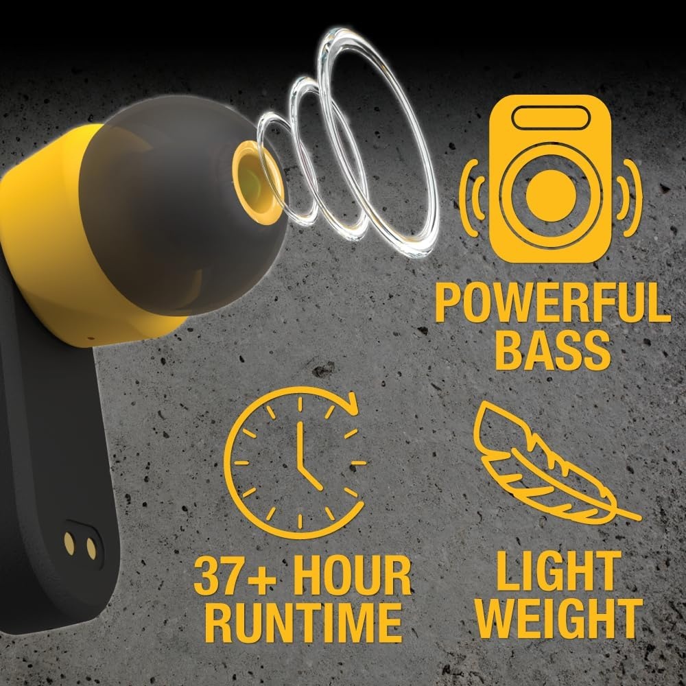 image:imageDEWALT Heavy Duty True Wireless Ear Buds Bluetooth Headphones with Type C Charging Case Included Over 37 Hours of Battery Life Easy Setup for iPhone Perfect for Jobsite Outdoor Work YellowBlack