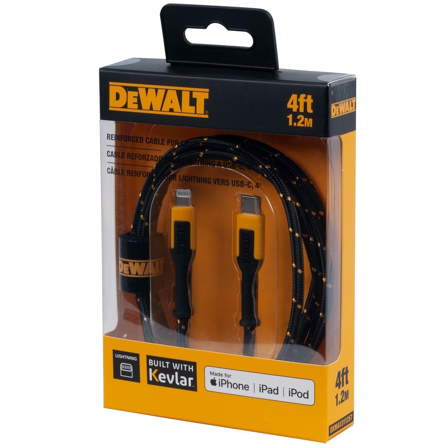 image:imageDEWALT Heavy Duty USB to Lightning Cable Apple MFiCertified Durable iPhone Charger Lightning Cables Fast Charging iPhone Charger Cord Compatible wiPhones 14131211 Pro Max iPad AirPods 4FT4 Foot
