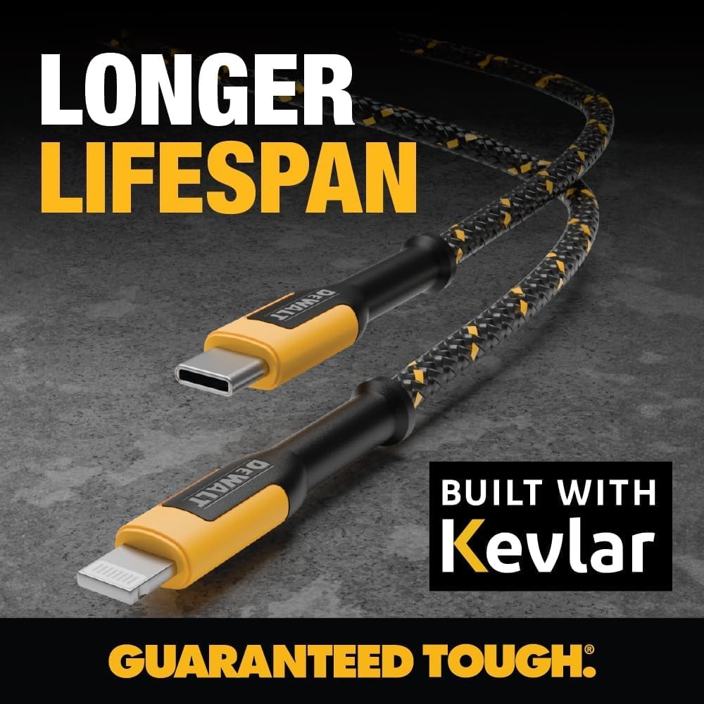image:imageDEWALT Heavy Duty USB to Lightning Cable Apple MFiCertified Durable iPhone Charger Lightning Cables Fast Charging iPhone Charger Cord Compatible wiPhones 14131211 Pro Max iPad AirPods 4FT4 Foot