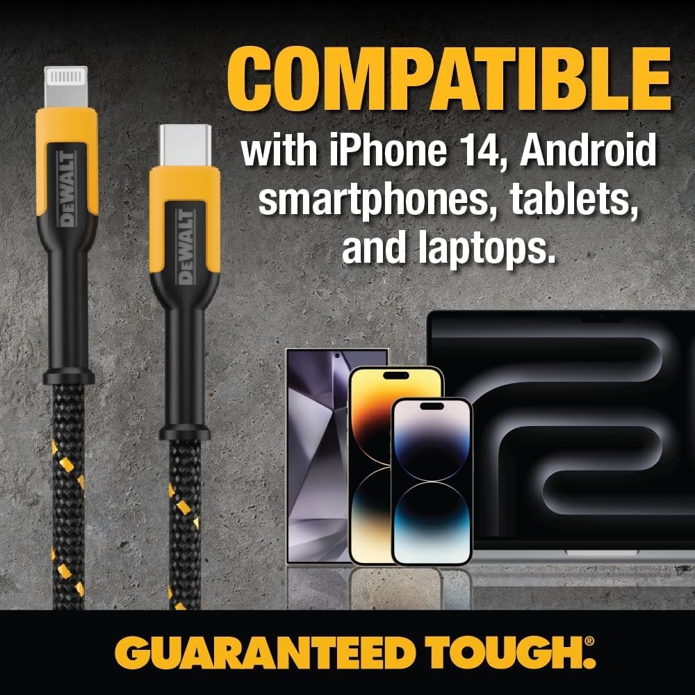 image:imageDEWALT Heavy Duty USB to Lightning Cable Apple MFiCertified Durable iPhone Charger Lightning Cables Fast Charging iPhone Charger Cord Compatible wiPhones 14131211 Pro Max iPad AirPods 4FT4 Foot