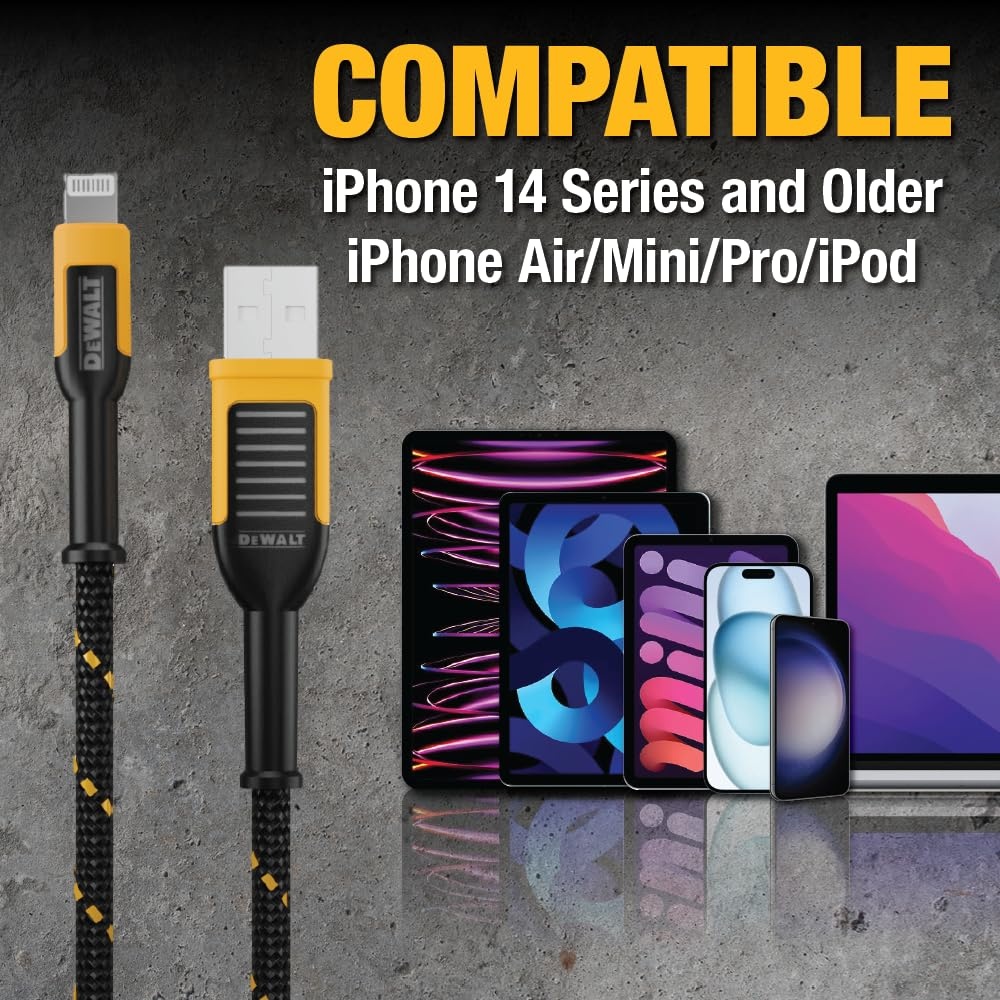 image:imageDEWALT Heavy Duty USB to Lightning Cable Apple MFiCertified Durable iPhone Charger Lightning Cables Fast Charging iPhone Charger Cord Compatible wiPhones 14131211 Pro Max iPad AirPods 4FT6 Foot