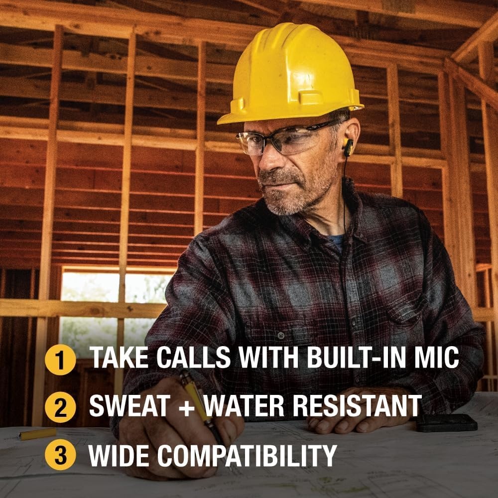 image:imageDEWALT Heavy Duty Wired Earphones with Microphone Jobsite Earbuds Wired 35mm WaterResistant 35mm Earbuds with Mic Connected Headphones for Outdoor WorkUSB C Headphones