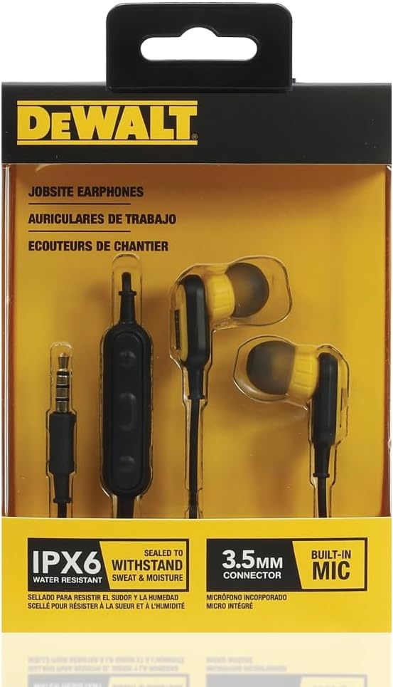 image:imageDEWALT Heavy Duty Wired Earphones with Microphone Jobsite Earbuds Wired 35mm WaterResistant 35mm Earbuds with Mic Connected Headphones for Outdoor Work355mm Headphones