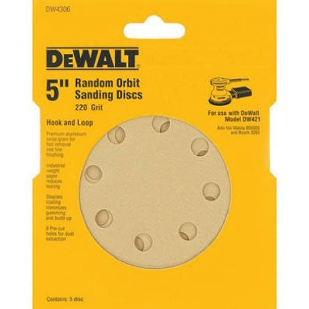 image:imageDEWALT DW4306 5Inch 8 Hole 220 Grit Hook and Loop Random Orbit Sandpaper 5Pack5Inch Pack of 5
