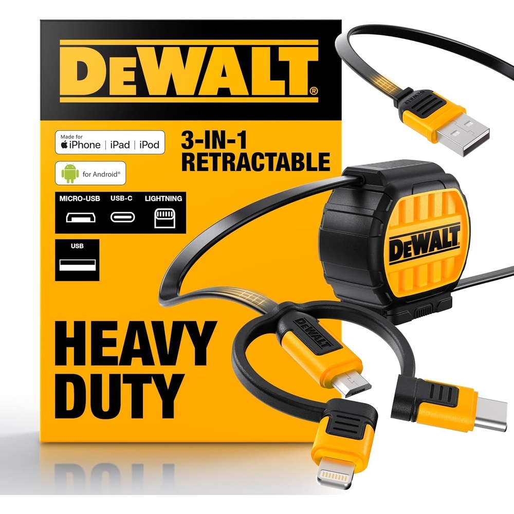 image:imageDEWALT Heavy Duty 3 in 1 Retractable Multi Charging Cord 3ft Fast Charger Cord Multi Charger Adapter with LightningType CMicro USB Port for iPhonesSamsung GalaxyPSTabletsMore