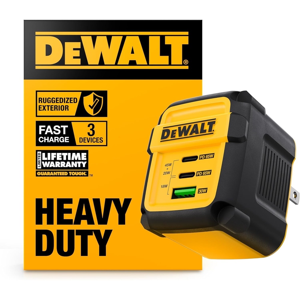 image:imageDEWALT Heavy Duty 495W Dual USB amp USB C Charger Block Cable Not Included USBC Power Adapter 2 Port Compact Foldable Fast Wall Charger for iPhone 17161514 Galaxy Pixel 43 iPad Black amp YellowYellow
