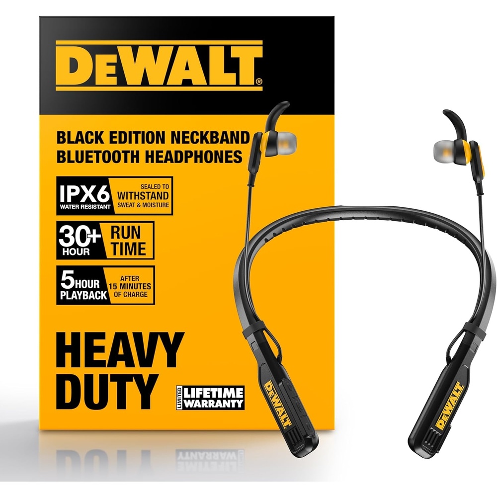 image:imageDEWALT Heavy Duty Bluetooth Neckband Headphones Wireless Around The Neck Earbuds w 30H Runtime Noise Isolation Secure Magnetic Wireless Earbuds Jobsite Pro Builtin Mic Bluetooth HeadsetsBlack