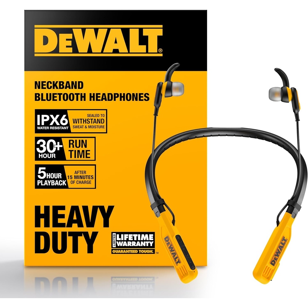 image:imageDEWALT Heavy Duty Bluetooth Neckband Headphones Wireless Around The Neck Earbuds w 30H Runtime Noise Isolation Secure Magnetic Wireless Earbuds Jobsite Pro Builtin Mic Bluetooth HeadsetsYellow