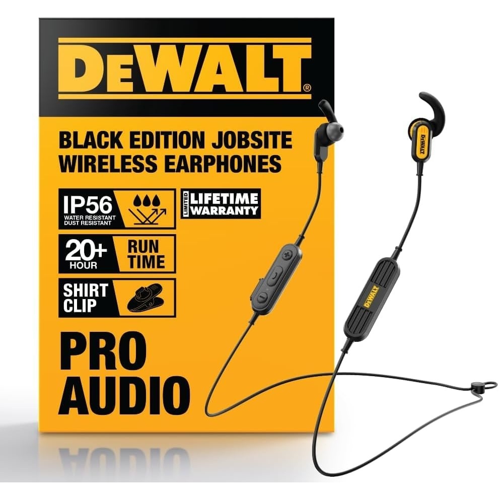 image:imageDEWALT Heavy Duty Neckband Bluetooth Earbuds Wireless Bluetooth 52 Headphones wMicrophone Lightweight Comfort IP56 Waterproof Deep Bass Strong Beat 20H Playtime Jobsite BehindNeck EarphonesBlack