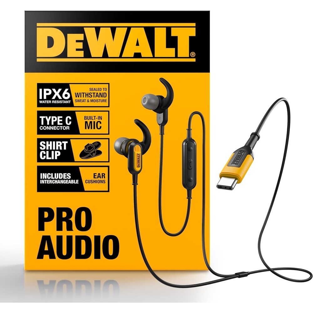 image:imageDEWALT Heavy Duty Wired Earphones with Microphone Jobsite Earbuds Wired 35mm WaterResistant 35mm Earbuds with Mic Connected Headphones for Outdoor WorkUSB C Headphones