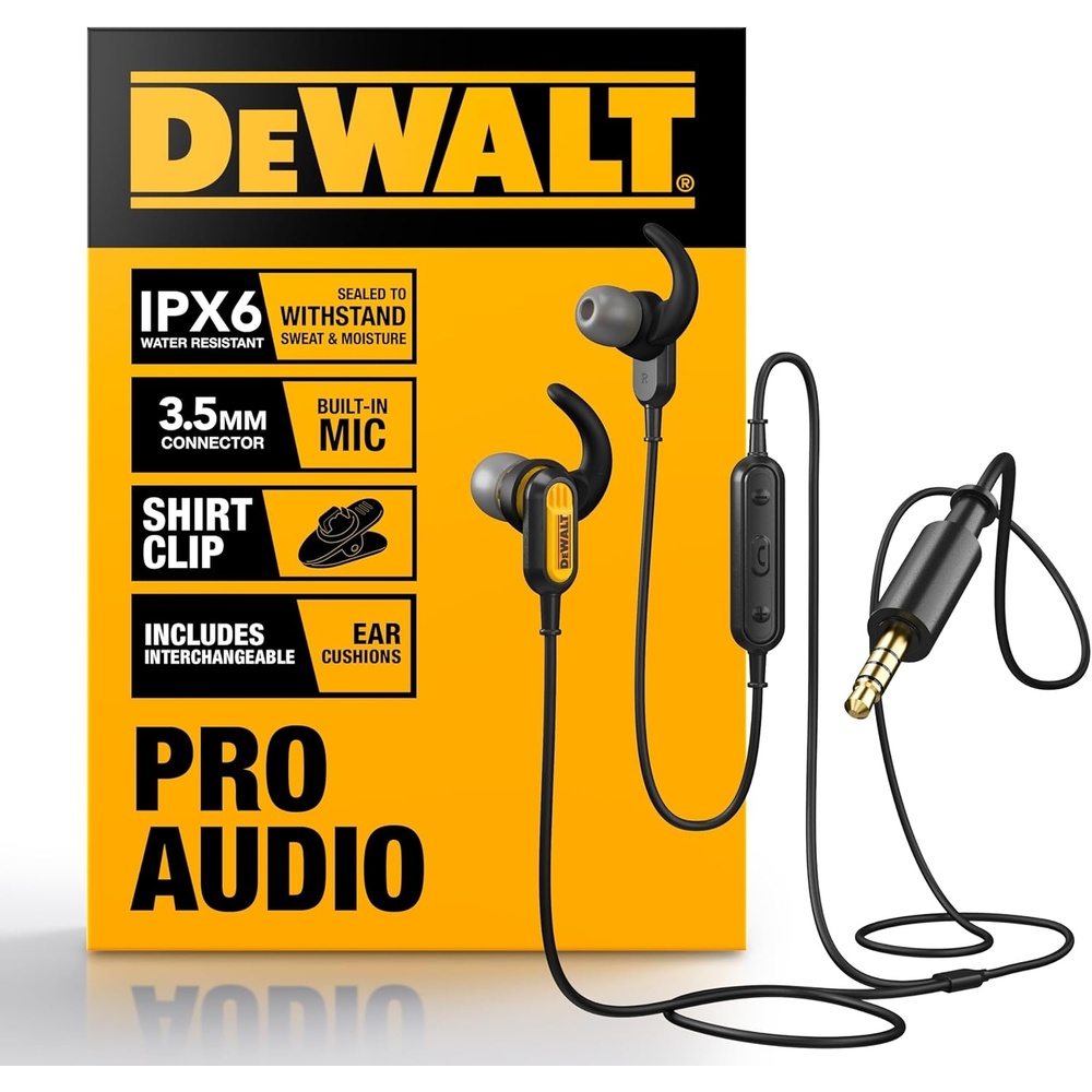 image:imageDEWALT Heavy Duty Wired Earphones with Microphone Jobsite Earbuds Wired 35mm WaterResistant 35mm Earbuds with Mic Connected Headphones for Outdoor Work355mm Headphones