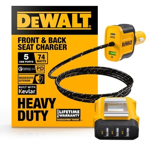DEWALT Heavy Duty 72W 5 Port USB Car Charger Multiport, iPhone 17 Multi USB Car Charger, Fast Charge PD & QC3.0 Cigarette Lighter Adapter w/ 6FT Cable, Type C Front/Back Charging for Multiple Devices