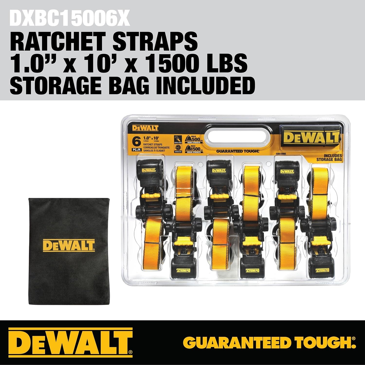 image:imageDEWALT 1101500 lbs LightDuty Ratchet Straps 6 Pack Padded Ergonomic Grip Handles Armored Side Caps WearWeatherResistant Straps Coated SHooks Secure Lightweight Cargo1 x 10 6 Pack