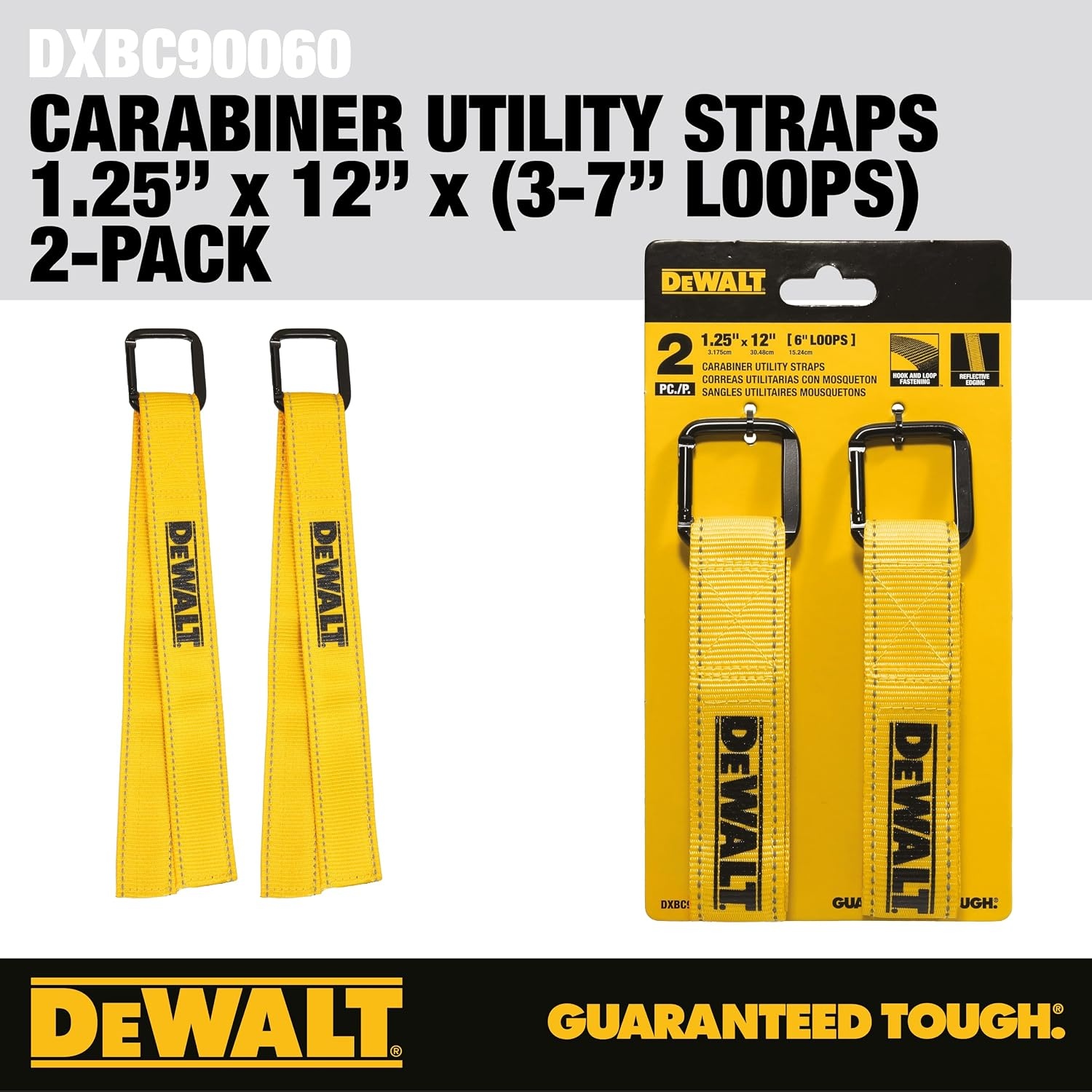 image:imageDEWALT 12512 LightDuty Reuseable Carabiner Utility Straps 2Pack Quickly Clip and Connect Components Reflective Stitiching Weather amp Wear Resistant Straps Adjustable Hook amp Loop Closure