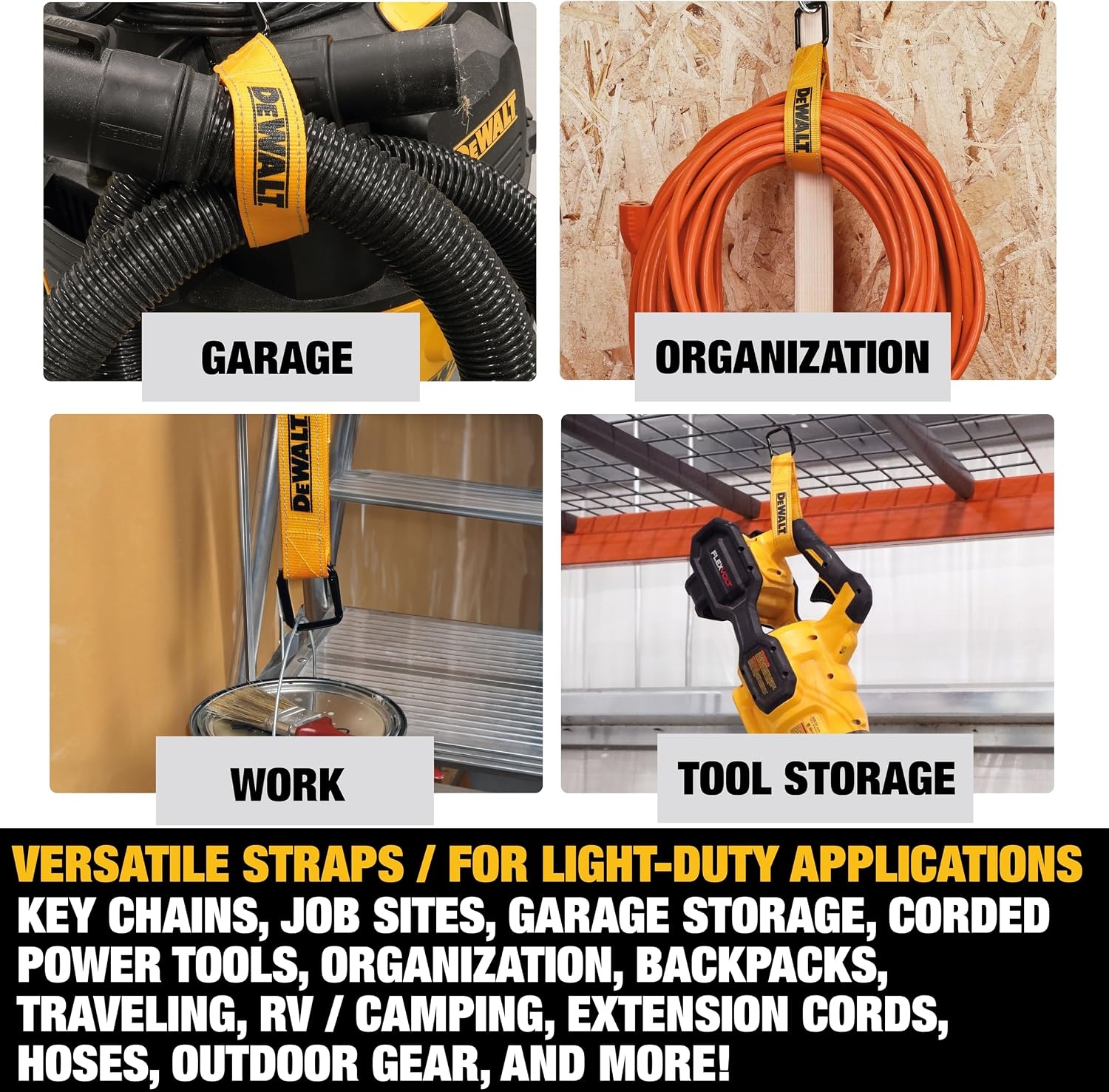 image:imageDEWALT 12512 LightDuty Reuseable Carabiner Utility Straps 2Pack Quickly Clip and Connect Components Reflective Stitiching Weather amp Wear Resistant Straps Adjustable Hook amp Loop Closure