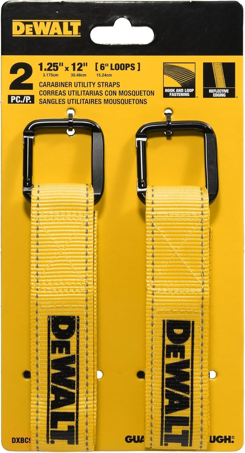 image:imageDEWALT 12512 LightDuty Reuseable Carabiner Utility Straps 2Pack Quickly Clip and Connect Components Reflective Stitiching Weather amp Wear Resistant Straps Adjustable Hook amp Loop Closure