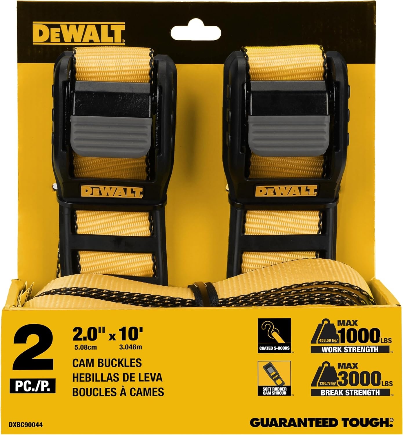 image:imageDEWALT 125142000 lbs MidDuty Cam Buckle TieDown Straps 2Pack HeavyGauge Steel Frame Armored Rubber Shroud PreThreaded WeatherResistant StrapsCoated SHooks For Midweight Cargo2 x 10