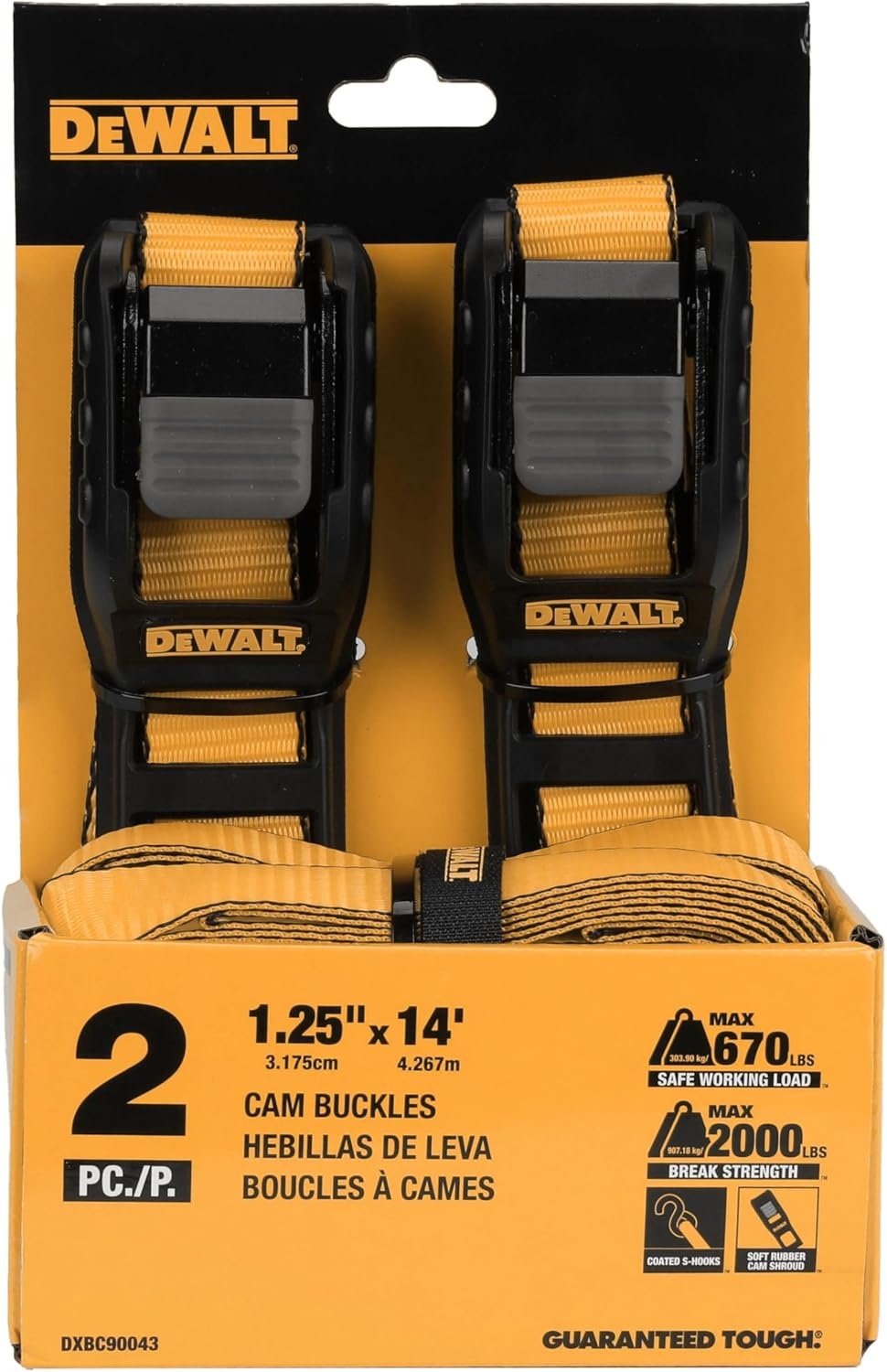 image:imageDEWALT 125142000 lbs MidDuty Cam Buckle TieDown Straps 2Pack HeavyGauge Steel Frame Armored Rubber Shroud PreThreaded WeatherResistant StrapsCoated SHooks For Midweight Cargo125 x 14