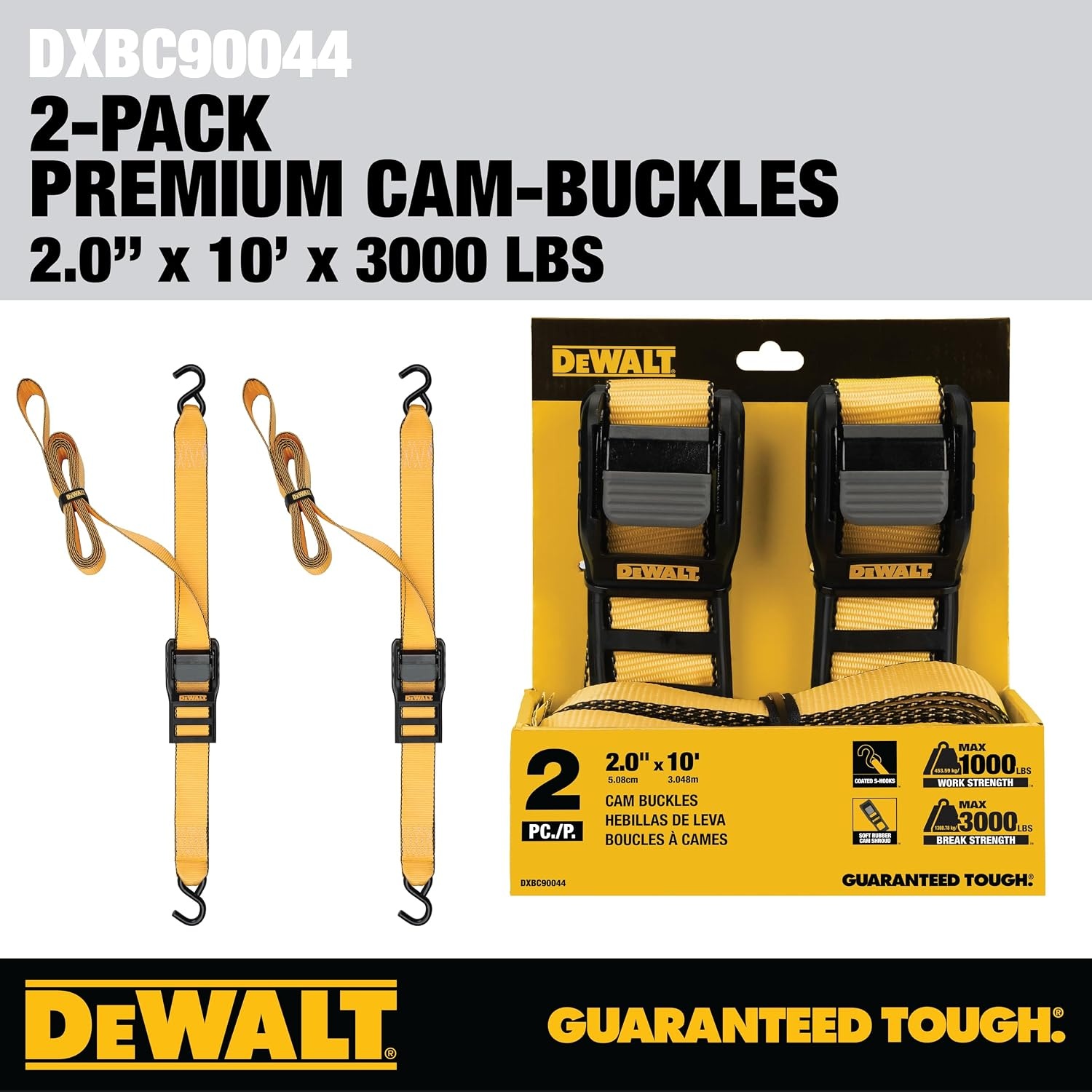 image:imageDEWALT 125142000 lbs MidDuty Cam Buckle TieDown Straps 2Pack HeavyGauge Steel Frame Armored Rubber Shroud PreThreaded WeatherResistant StrapsCoated SHooks For Midweight Cargo2 x 10