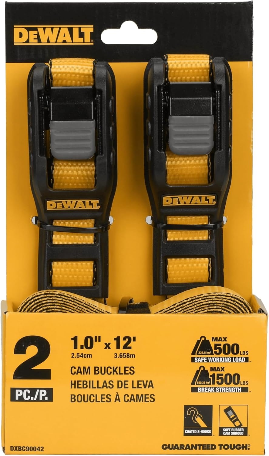 image:imageDEWALT 125142000 lbs MidDuty Cam Buckle TieDown Straps 2Pack HeavyGauge Steel Frame Armored Rubber Shroud PreThreaded WeatherResistant StrapsCoated SHooks For Midweight Cargo1 x 12