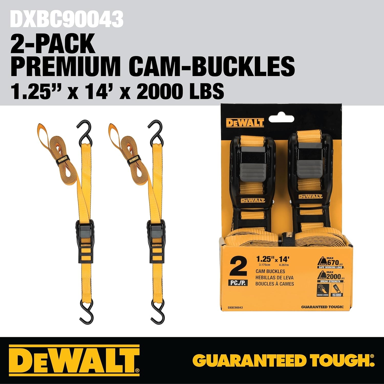 image:imageDEWALT 125142000 lbs MidDuty Cam Buckle TieDown Straps 2Pack HeavyGauge Steel Frame Armored Rubber Shroud PreThreaded WeatherResistant StrapsCoated SHooks For Midweight Cargo125 x 14