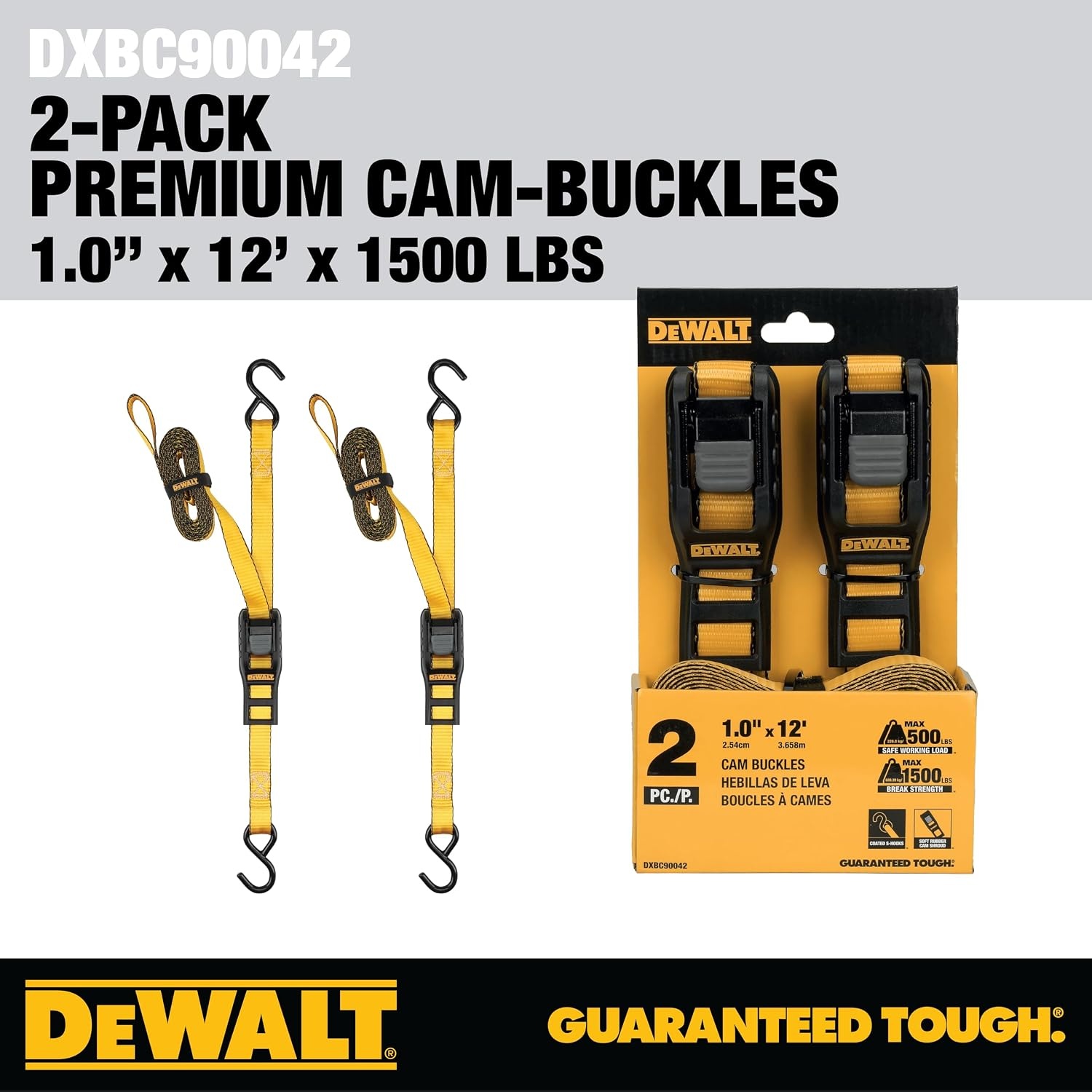 image:imageDEWALT 125142000 lbs MidDuty Cam Buckle TieDown Straps 2Pack HeavyGauge Steel Frame Armored Rubber Shroud PreThreaded WeatherResistant StrapsCoated SHooks For Midweight Cargo1 x 12