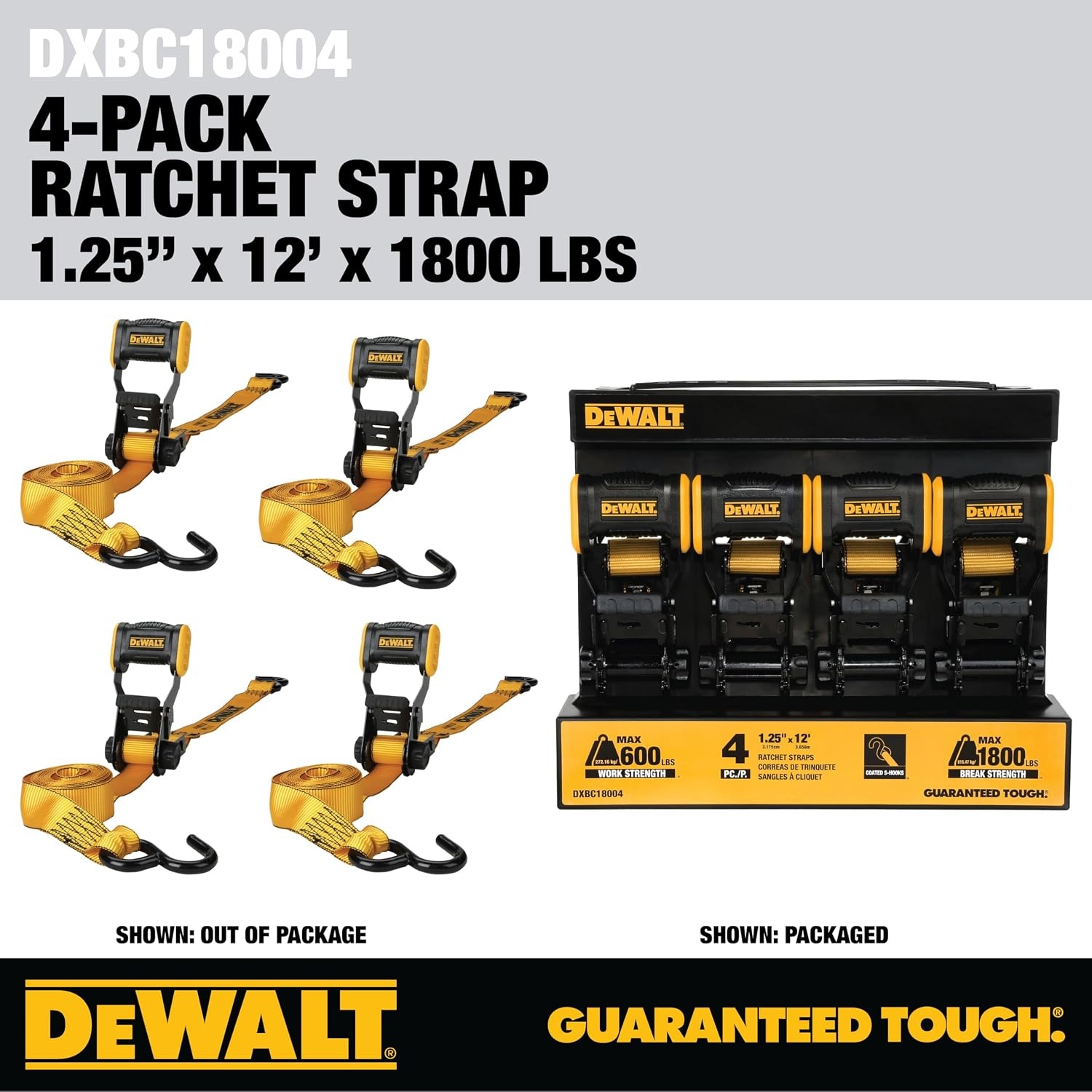 image:imageDEWALT 15165000 lbs HeavyDuty Ratchet Straps 2Pack Ergonomic Open Grip Handles Armored Side Caps WearWeatherResistant Straps Coated Double JHooksSecure Heavyweight Cargo4 Pack