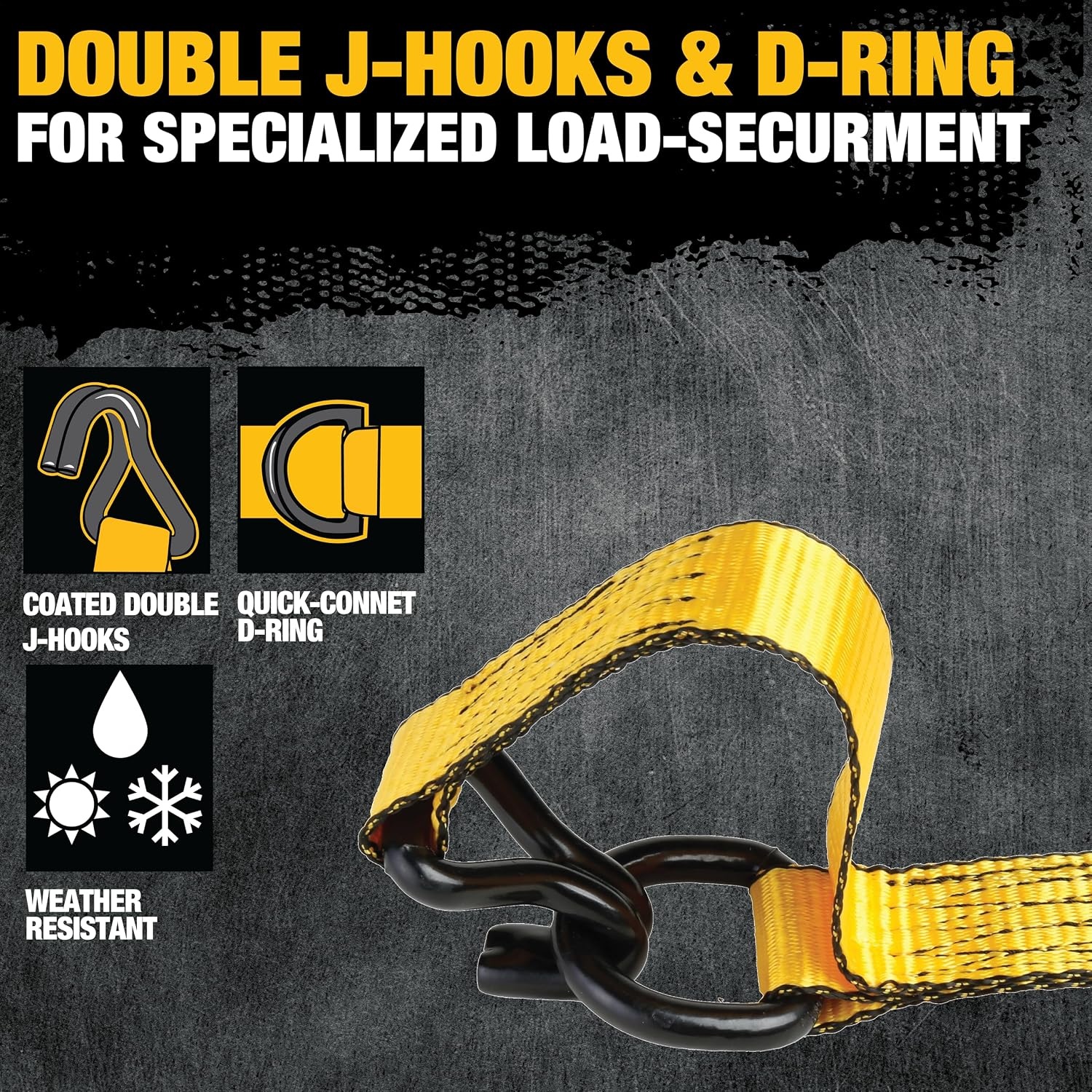 image:imageDEWALT 15165000 lbs HeavyDuty Ratchet Straps 2Pack Ergonomic Open Grip Handles Armored Side Caps WearWeatherResistant Straps Coated Double JHooksSecure Heavyweight CargoHeavy Cargo Hauling 2 Pack